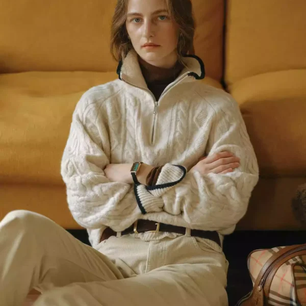 Half-Zip Mid-High Neck Apricot Cable-Stitch Wool Pullover