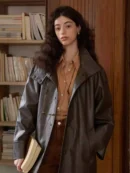 Maillard Mid-Length Coffee Stand-Collar Leather Jacket