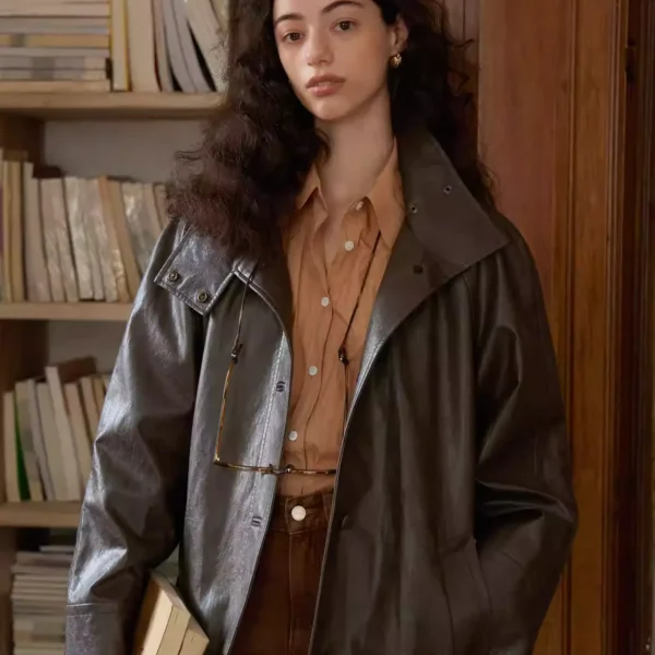 Maillard Mid-Length Coffee Stand-Collar Leather Jacket